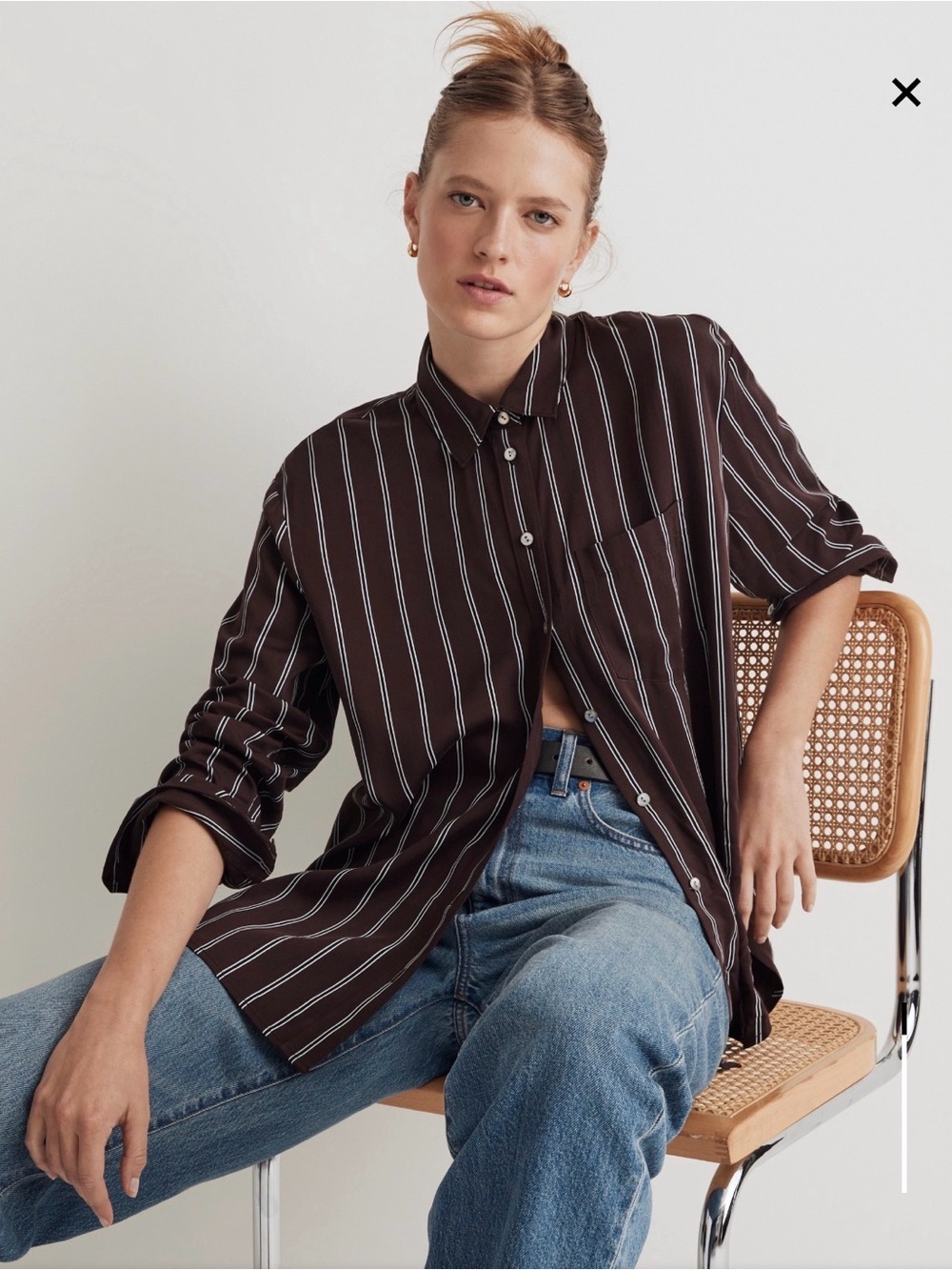 Madewell silky/satin Brown and White Striped Button-Down Shirt